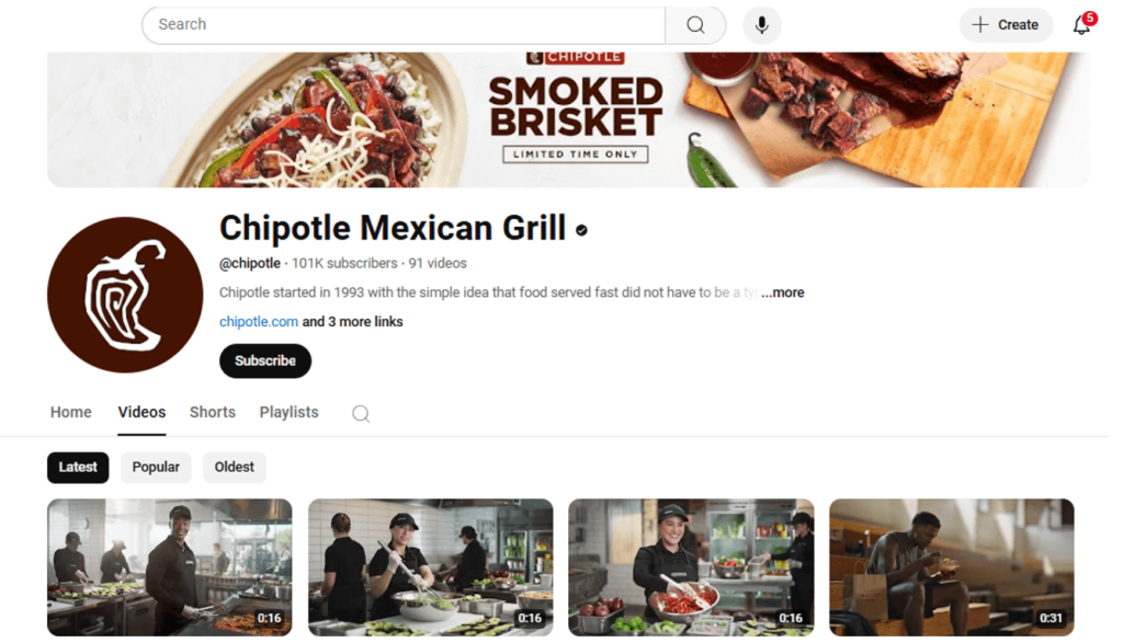 Chipotle has a strong presense on YouTube, sharing behind the scenes of its kitchen